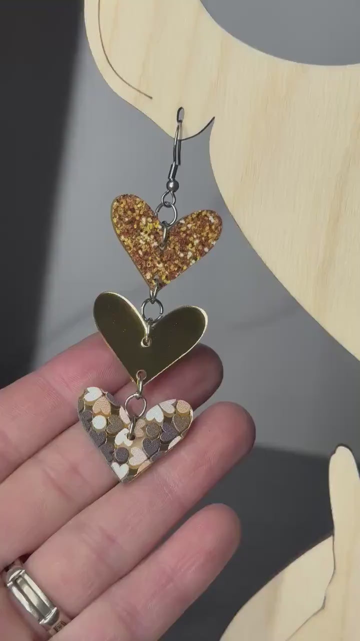 Heart Shaped Dangle Earrings, Gold Mirrored Acrylic, Lightweight Stainless Steel Hypoallergenic